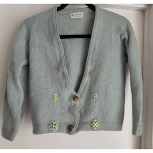 Vintage‎ Premier Blue Wool Cardigan Sz S Long Sleeve Cropped Sweater Embellished